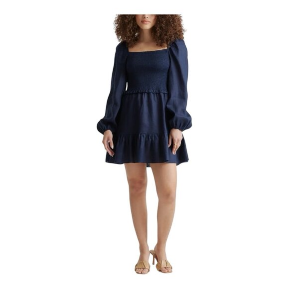 Quince 100% European Linen Smocked Mini Dress Large Navy Blue Puff Sleeves - Picture 1 of 10